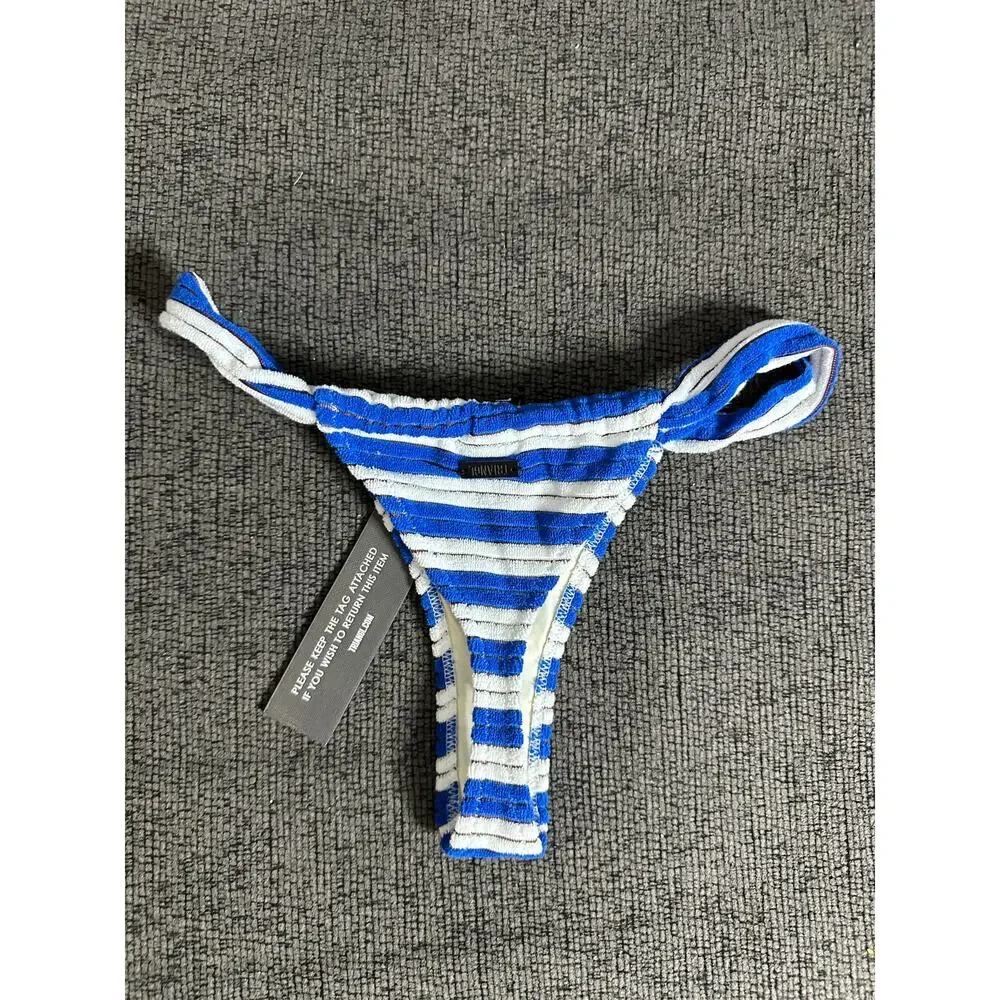 Triangl Terry Cloth Thong Bikini Bottom Blue White Stripe Swim Size S NWT